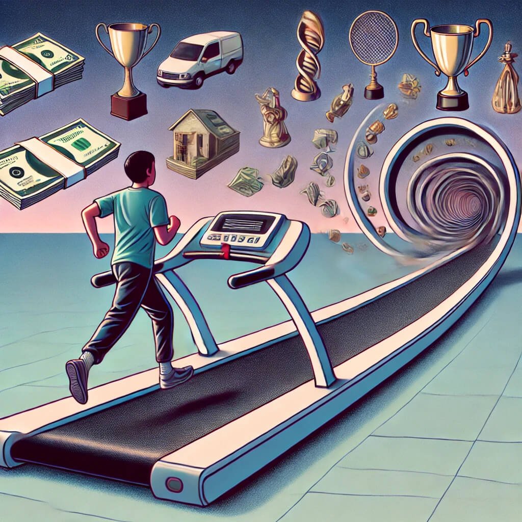 illustration depicting the concept of the 'hedonic treadmill.' The image shows a person running on a literal treadmill, but instead of a finish line, the treadmill extends infinitely like a loop. In the background, symbols of success—money, trophies, a house, a luxury car—float like mirages, always just out of reach. The person looks exhausted but determined, emphasizing the never-ending chase for happiness through external achievements.