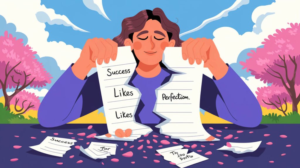 A person tearing up a ‘To-Do List for Validation’ with a relieved and happy expression. The background is bright and uplifting, symbolizing freedom from external approval. Pieces of paper with words like ‘Success,’ ‘Likes,’ and ‘Perfection’ are falling to the ground