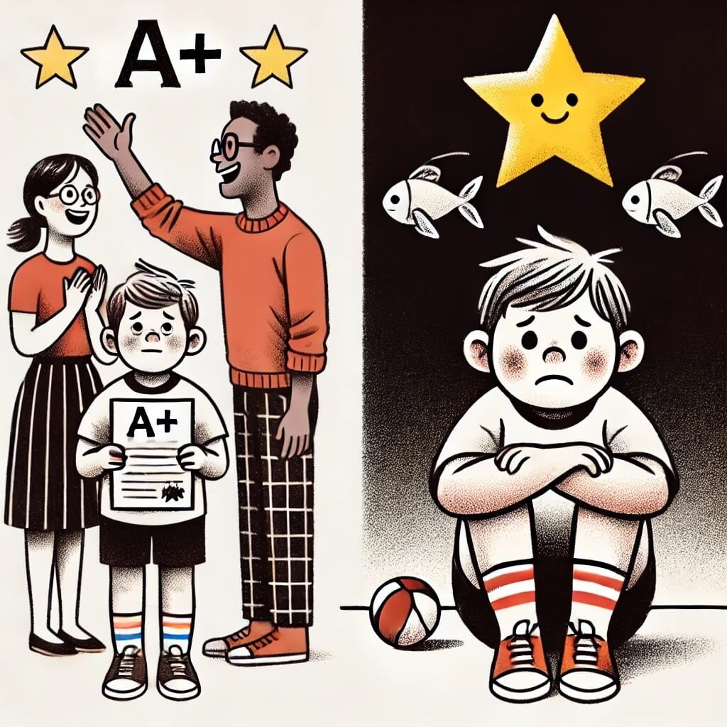 A split-image illustration: on the left side, a child being praised for getting an A+ on a test, with smiling parents and a gold star above. On the right side, the same child looking sad while playing alone, with no attention or validation. The contrast highlights how childhood validation shapes self-worth