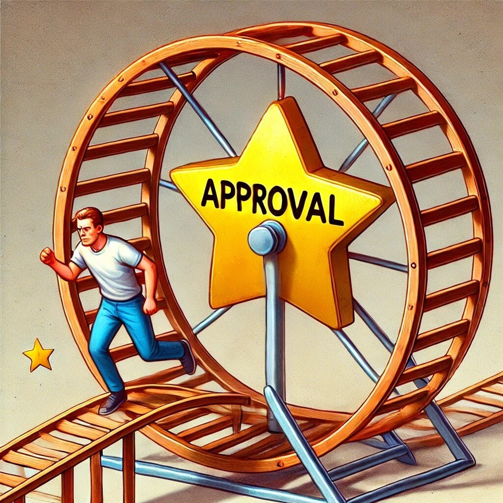 A person running on a hamster wheel labeled 'Approval' while holding a gold star, looking exhausted. The wheel is spinning endlessly, symbolizing the never-ending chase for validation. The background is minimalistic to emphasize the struggle