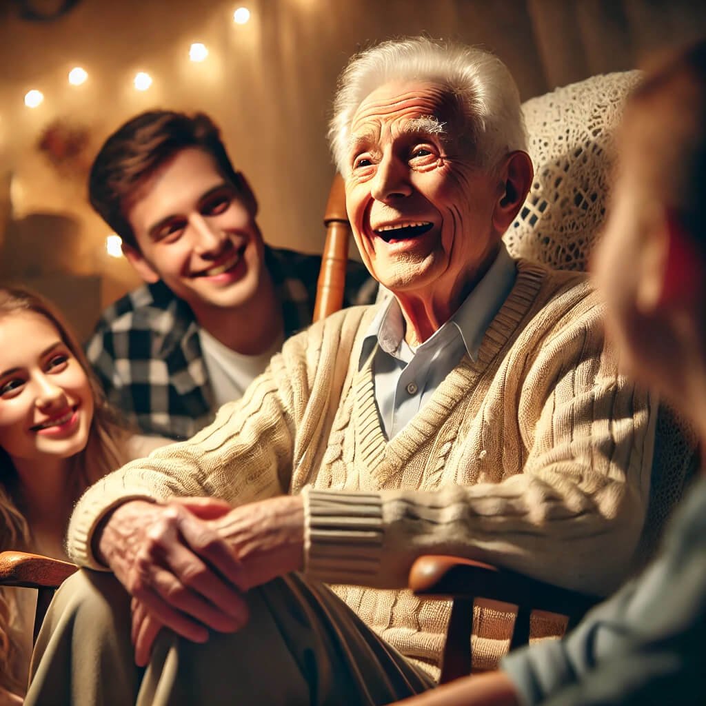 An elderly grandparent sitting in a cozy rocking chair, with a warm and joyful expression. The grandparent is surrounded by their grandchildren, who are listening intently, laughing, and enjoying the story being told. The atmosphere is warm, peaceful, and filled with love, with soft lighting and comfortable surroundings. The grandparent’s face conveys wisdom and happiness, sharing a life story with a sense of nostalgia and joy.