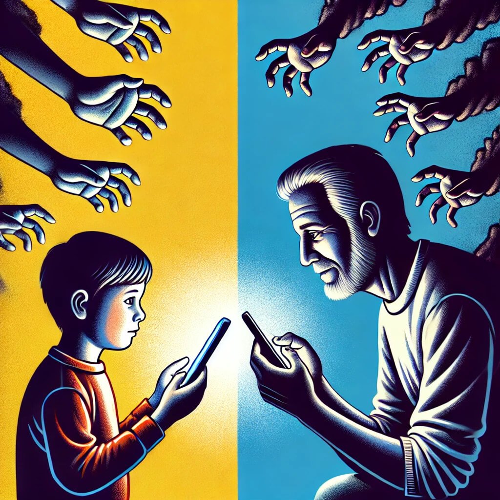 A thought-provoking digital illustration showing the failure of gentle parenting against social media influence. A caring parent is seen speaking gently to their child, who is holding a phone.