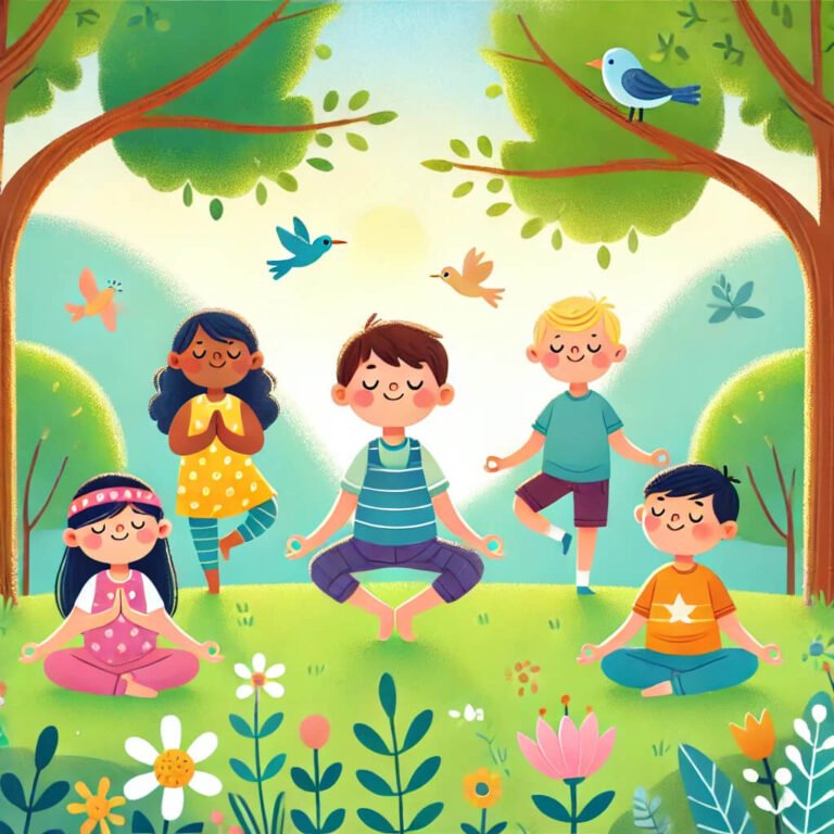 Mindfulness for kids. A bright and cheerful digital illustration of children practicing mindfulness outdoors. Some children are sitting cross-legged with eyes closed, focusing on their breathing, while others are stretching in simple yoga poses like Tree Pose. The background features a peaceful park with trees, flowers, and birds. The atmosphere is calm and happy, with soft sunlight filtering through the trees.