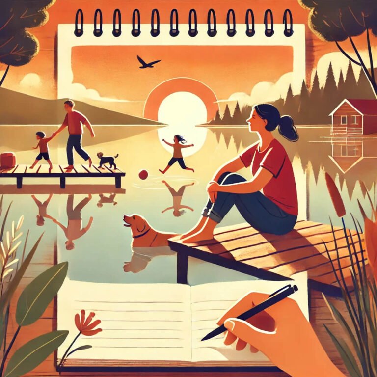 The work-life trap. do not ignore whats really important. A peaceful scene of a person sitting on a wooden dock at sunset, overlooking a calm lake. They have a content expression, with a notebook and pen beside them, symbolizing reflection on life. Nearby, a family plays joyfully, and a dog rests peacefully by their side. The background features soft, warm colors with trees and mountains in the distance, emphasizing tranquility and balance between success, health, and happiness.