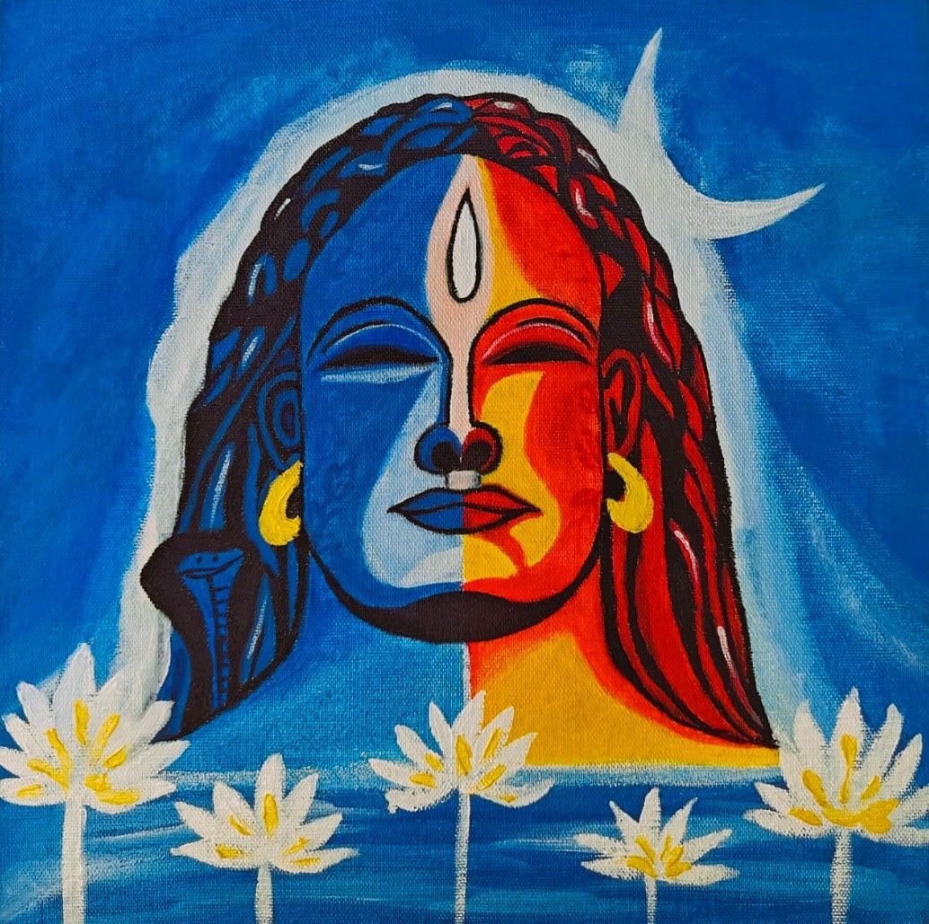 Image hand made painting of lord shiva and pravati ardanarishwara form with lotus flowers