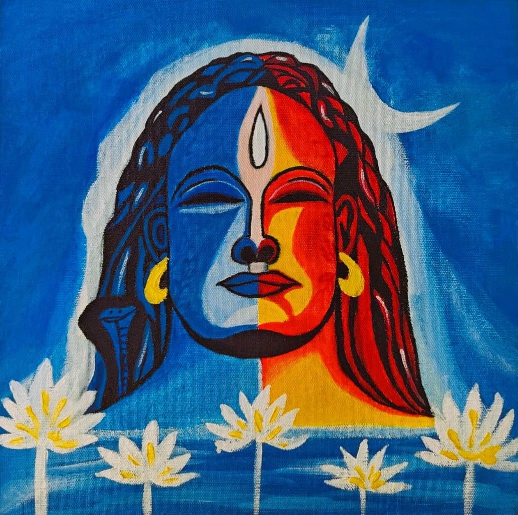 hand made painting of lord shiva and pravati ardanarishwara form with lotus flowers