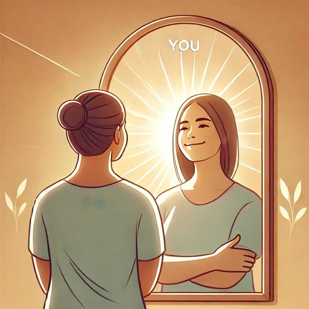 illustration for the self-talk test without any words, depicting a person looking into a mirror with a kind and encouraging expression, symbolizing self-acceptance and inner peace