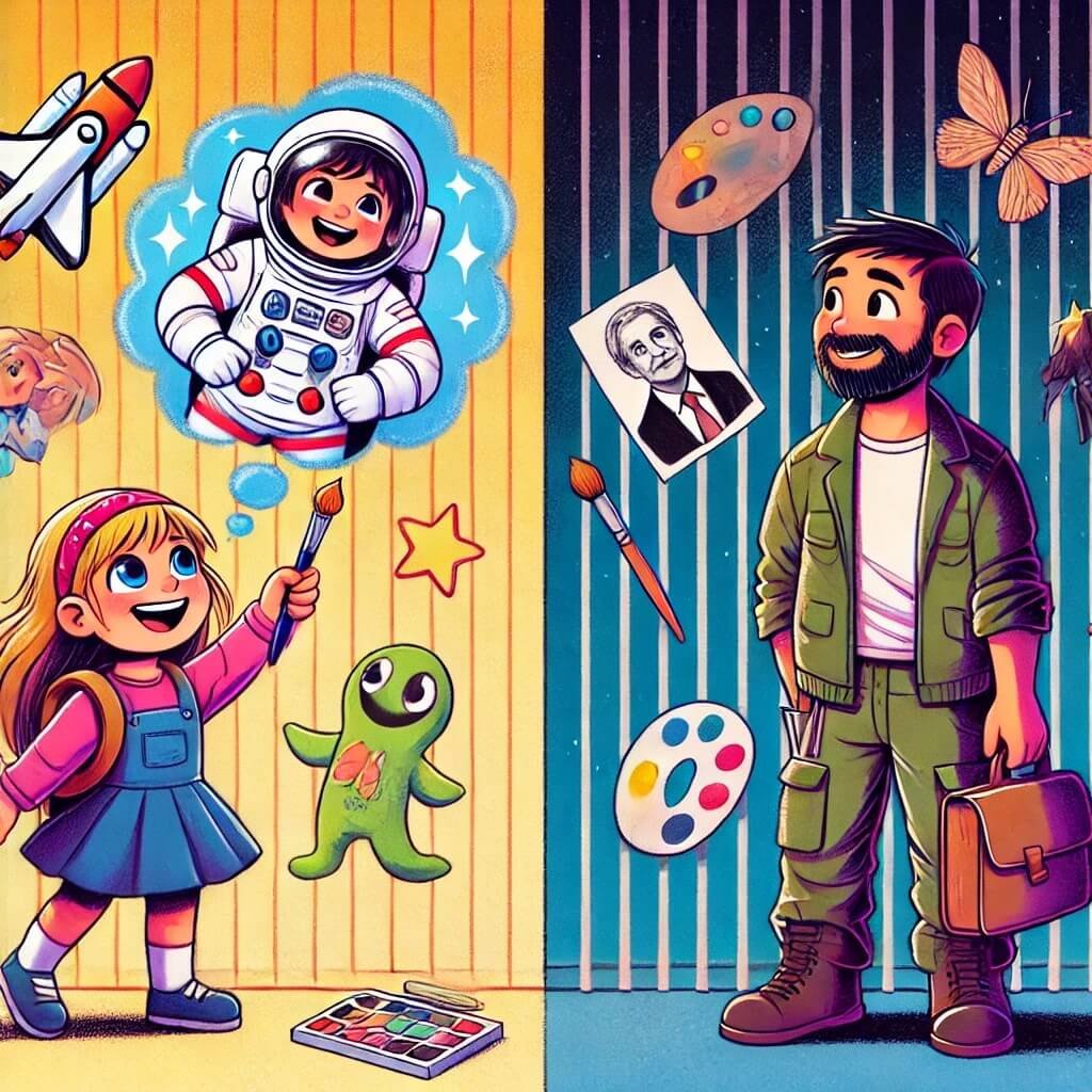 A split-screen illustration: On one side, a young child dreams of their future with excitement, imagining themselves as an astronaut, artist, or adventurer. On the other side, their grown-up self stands in reality—either thrilled with their achievements or feeling disconnected from their childhood dreams. The contrast highlights whether their childhood dreams were fulfilled or lost over time. The art style is vibrant and slightly whimsical, evoking a sense of nostalgia and self-reflection.