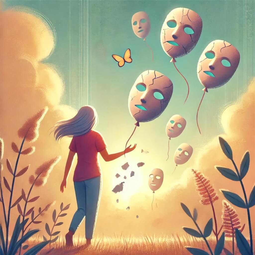 illustration of a person letting go of heavy, cracked perfectionist masks that float away like balloons. The person looks relieved and free, standing in a peaceful natural setting with warm sunlight. The background symbolizes growth and self-acceptance, with soft, dreamy colors. The art style is modern, uplifting, and slightly surreal, emphasizing the beauty of imperfection.