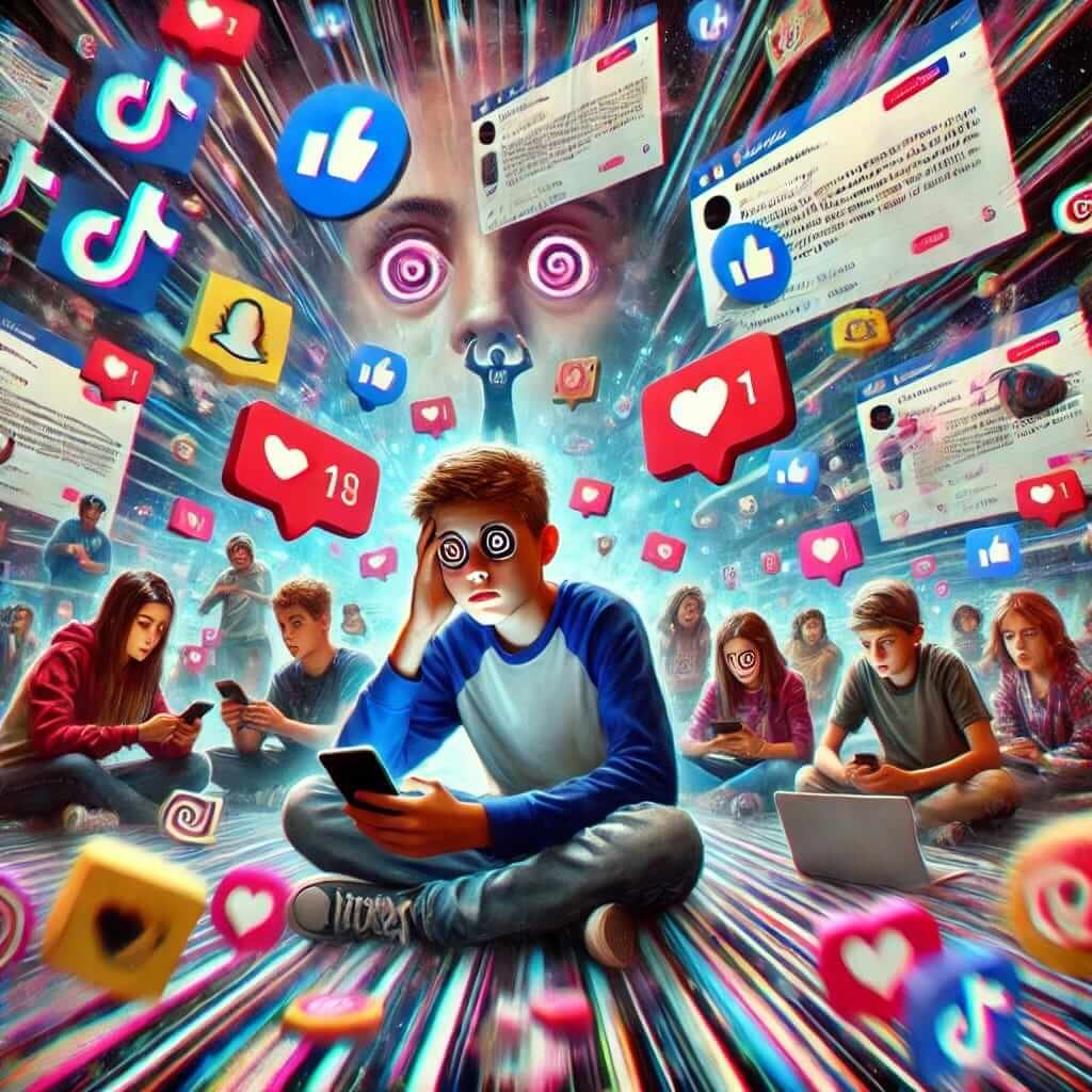 an illustration showing teenagers and kids trapped in a chaotic digital world of social media, surrounded by overwhelming notifications and fast-paced content.