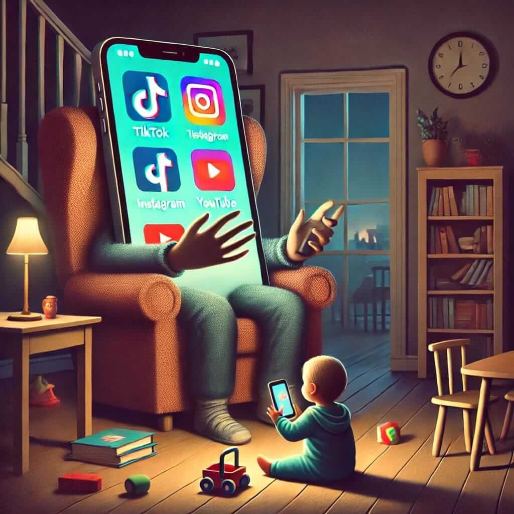 an illustration depicting social media as a sneaky babysitter—a giant smartphone acting as a caregiver, while a child is mesmerized by the screen, with real life fading into the background