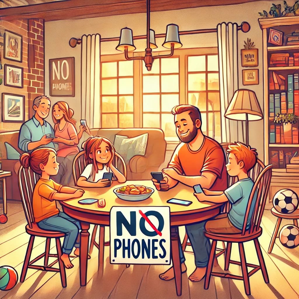 illustration promoting family time without screens—showing parents and kids enjoying a meal together with a 'No Phones' sign on the table.