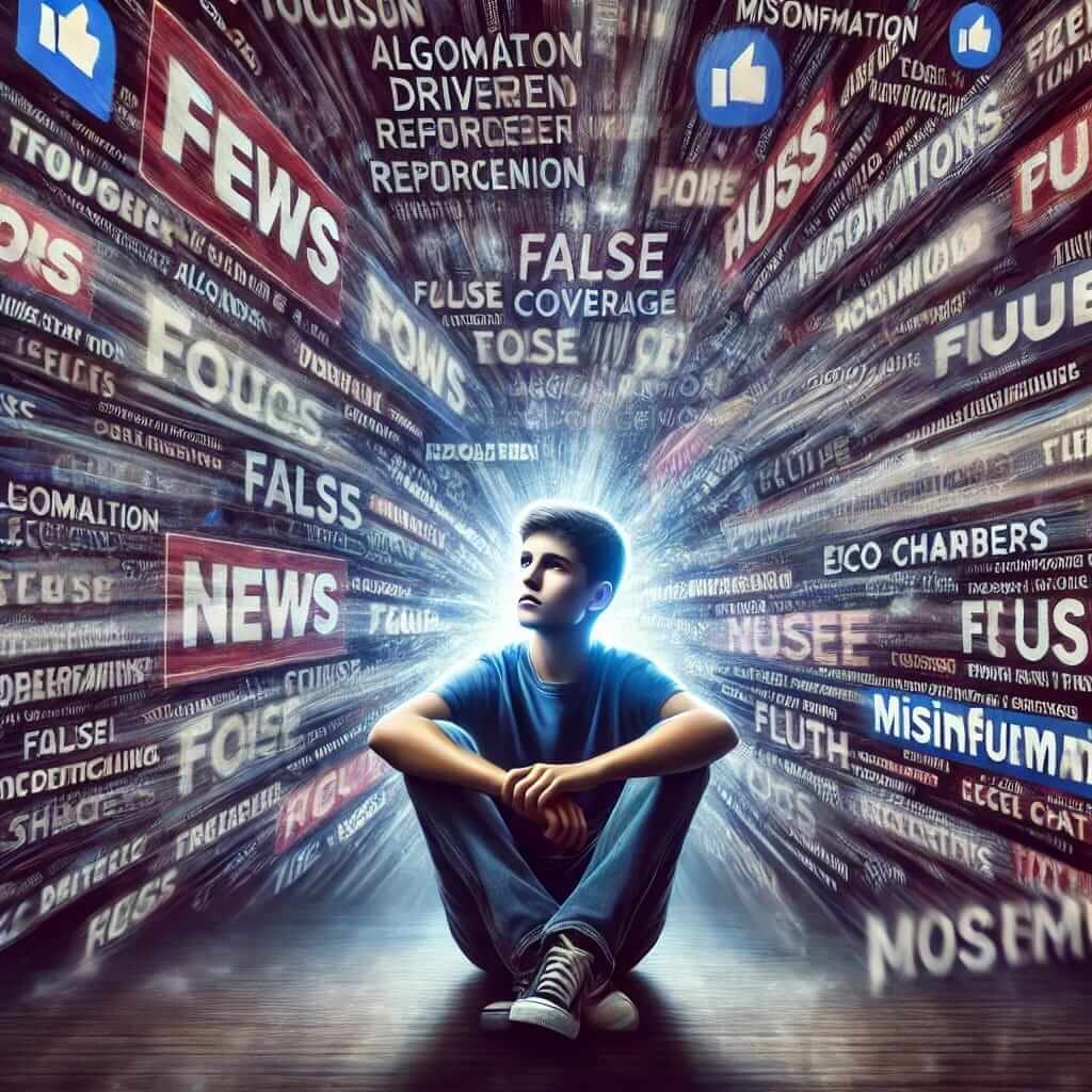 illustration depicting a teenager overwhelmed by swirling, blurred news headlines, representing the confusion caused by false coverage and echo chambers