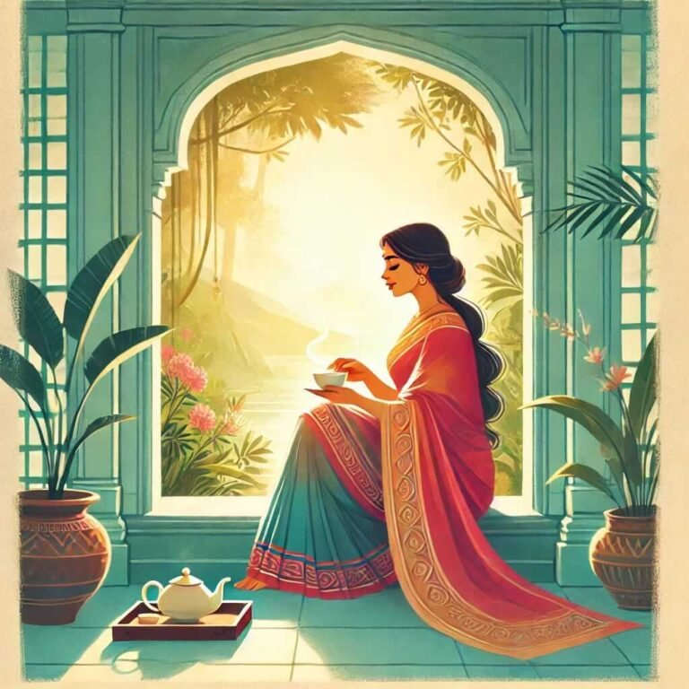 Refill your Cup. Replenish your Energy and Well being. image captures the serene essence of a woman in a saree relaxing, symbolizing self-care and replenishment.