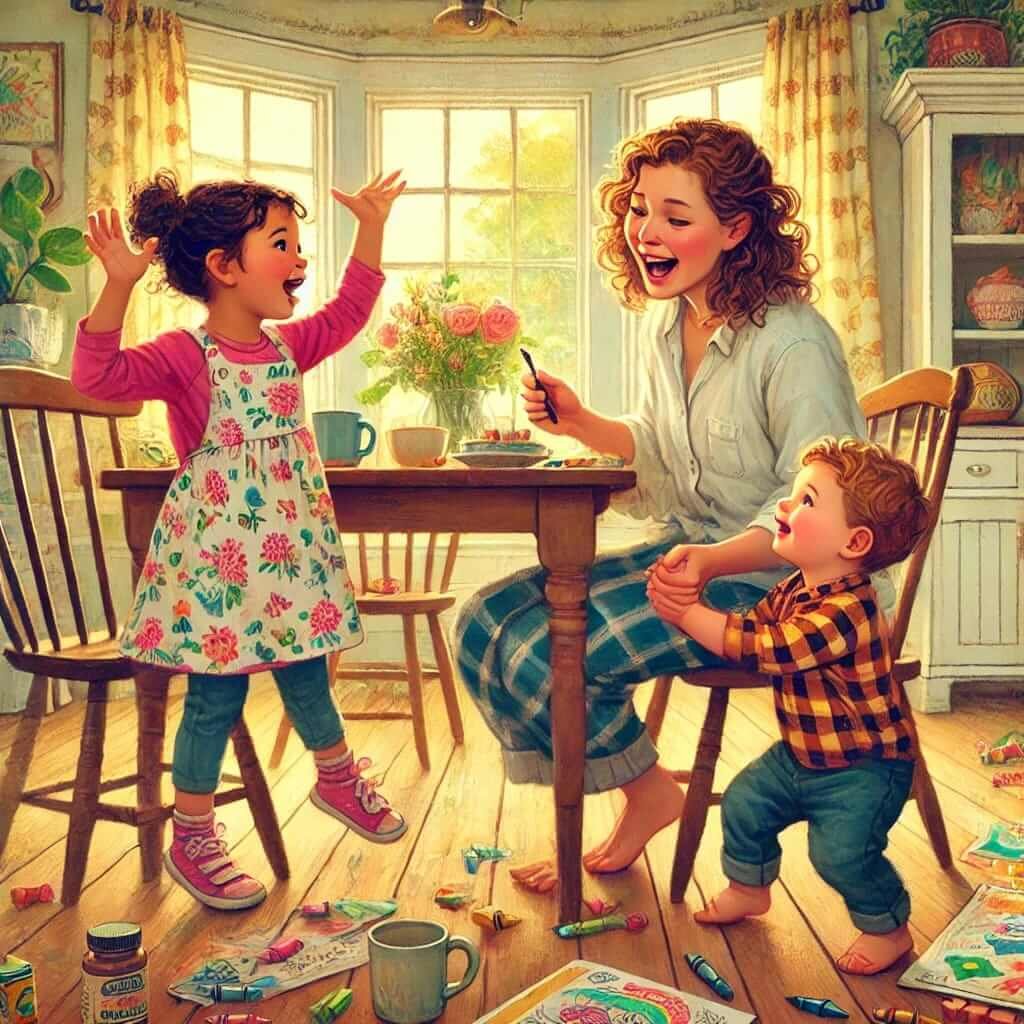 lively and heartwarming image that captures the joy and chaos of home life with a mother, her curious 6-year-old daughter, and energetic 2-year-old son.