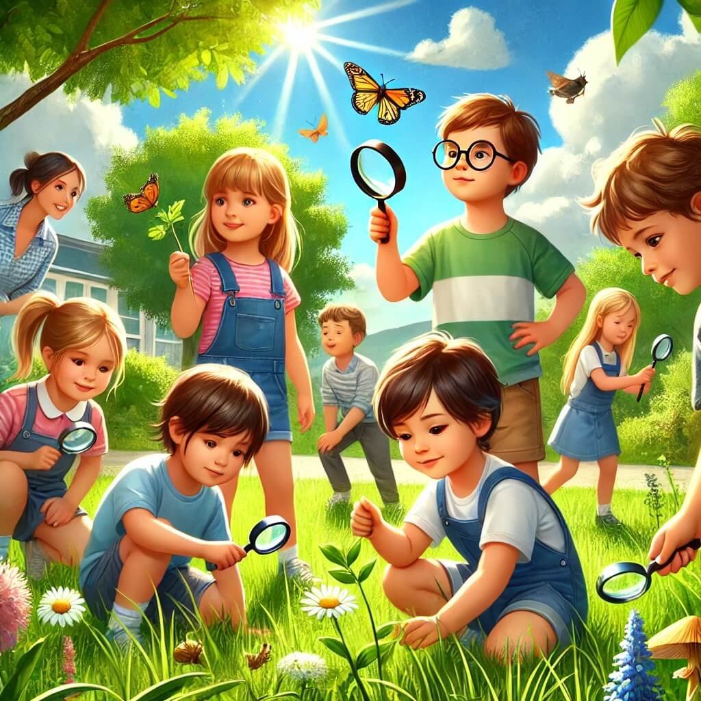 A group of young children exploring nature like scientists. They are outdoors in a lush green park, feeling the grass, watching the clouds, and listening to birds. Some kids are using magnifying glasses to examine leaves and bugs, while others are touching tree bark or smelling flowers. A parent or teacher is guiding them, encouraging curiosity. The scene is full of sunlight and joy, capturing the excitement of discovery.