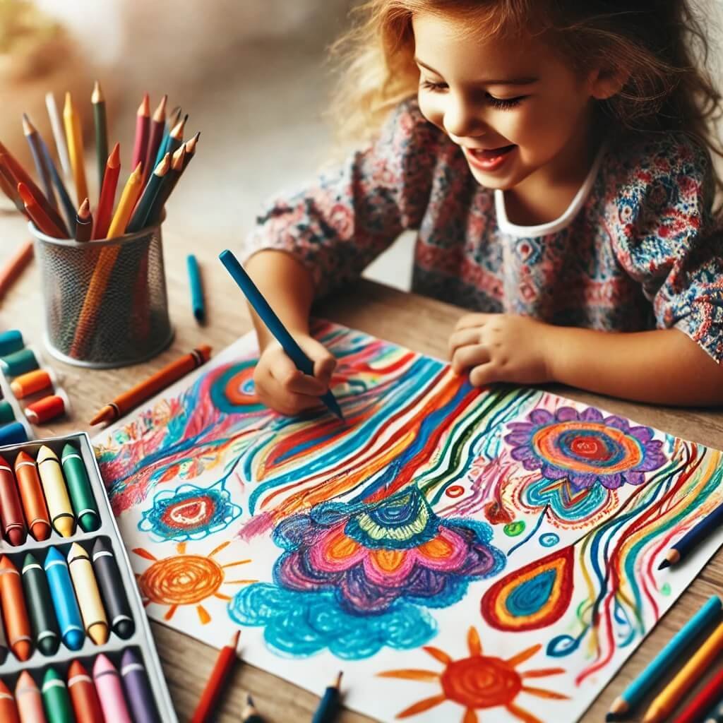 A young child sitting at a table, surrounded by crayons, colored pencils, and paper. The child is drawing freely with bright colors, expressing emotions through art. The drawing is full of vibrant shapes and imaginative designs. The atmosphere is warm and joyful, encouraging creativity and self-expression. The child's face shows excitement and focus as they explore their feelings through colors.