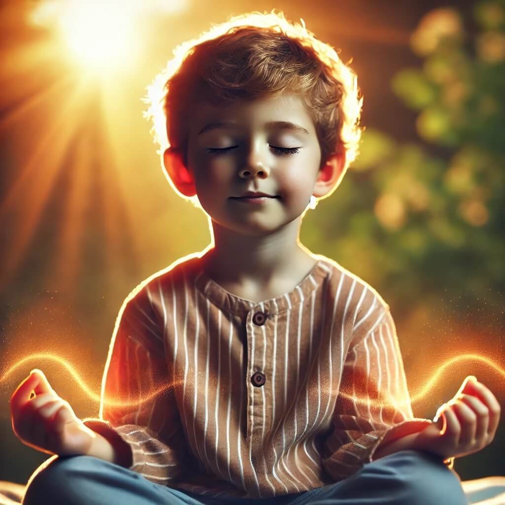 A young child sitting quietly in a peaceful setting, eyes closed, meditating with a gentle smile. A warm, glowing aura surrounds them, symbolizing kindness and love. In their mind, they are sending positive thoughts to family, friends, and even people they may not get along with. The atmosphere is calm and serene, with soft lighting and a background of nature, such as trees or a gentle sunset. The child appears relaxed and full of warmth, radiating feelings of peace and empathy.