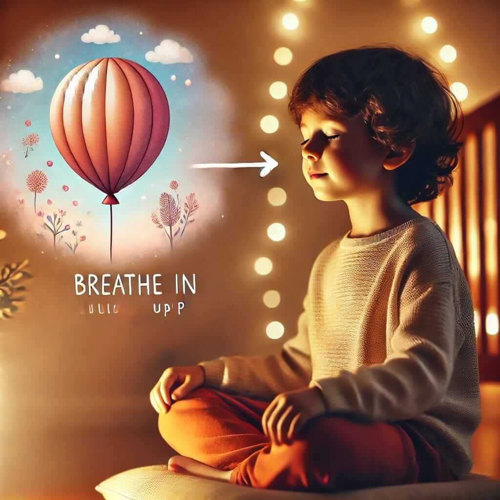 the image of a child practicing mindful breathing with a balloon visualization