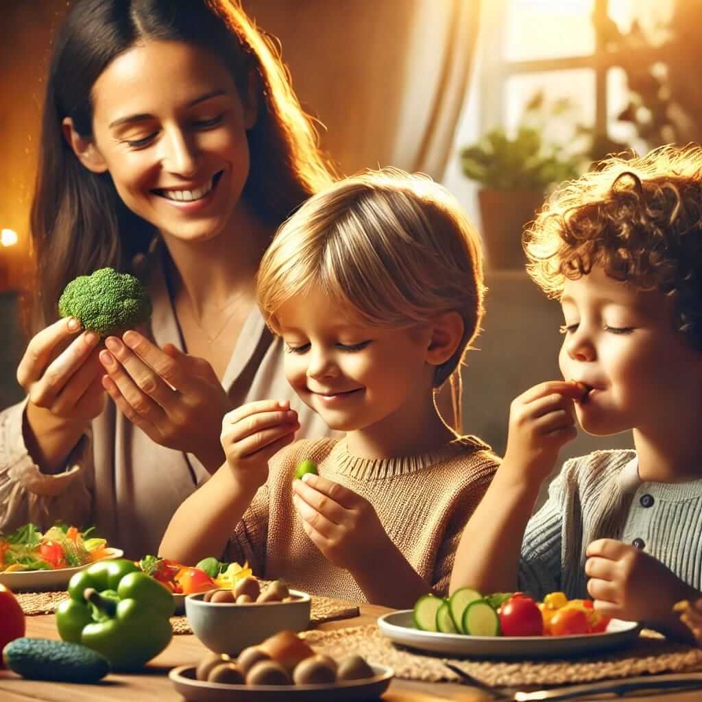 A warm and inviting scene of children practicing mindful eating at a dining table. A young child is holding a small piece of food, looking at it closely, smelling it, and touching it before taking a bite. Another child is chewing slowly, enjoying the taste. A parent is smiling, guiding them in the practice. The table is filled with colorful, healthy foods, and the atmosphere is cozy and joyful. The background suggests a peaceful home setting with soft lighting, emphasizing mindfulness and appreciation for food.