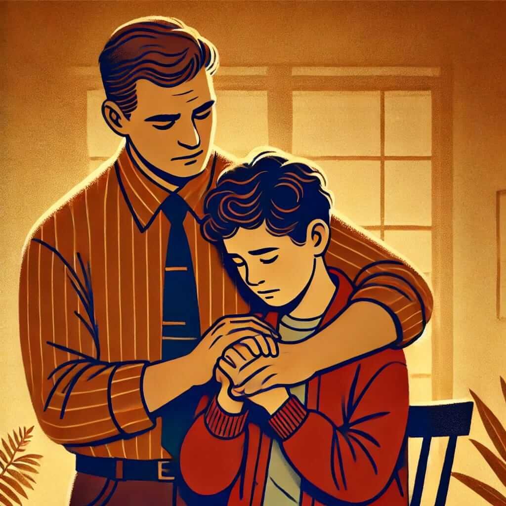 illustration depicting a parent comforting their grown-up child with warmth, love, and understanding.