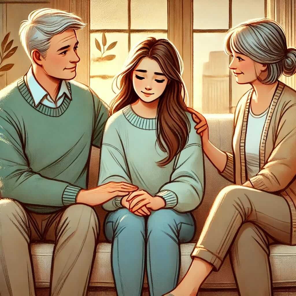 image that represents the emotional bond love and understanding between parents and their adult child. It captures the warmth, support, and open communication essential for a strong family relationship. it bridges the parent child gap.