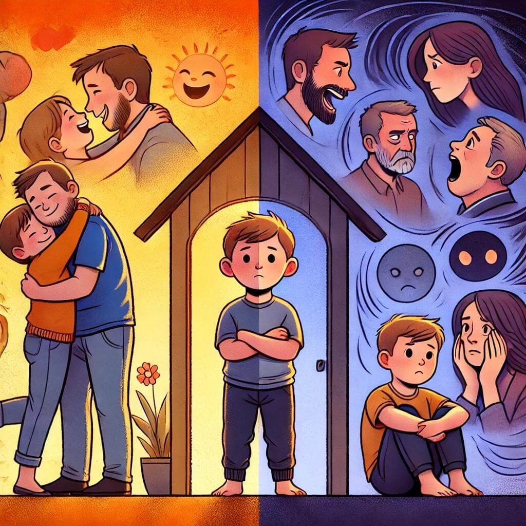 A split-view illustration of a child's emotional growth based on their home environment. On the left side, a warm, loving home: parents hugging, laughter, and a peaceful atmosphere. The child grows into a confident, happy adult with strong relationships. On the right side, a tense, conflict-filled home: parents arguing, cold expressions, and a stressful atmosphere. The child grows into an anxious, emotionally distant adult. The background transitions from warm tones on the left to dark, shadowy tones on the right. The child is at the center, absorbing both influences.