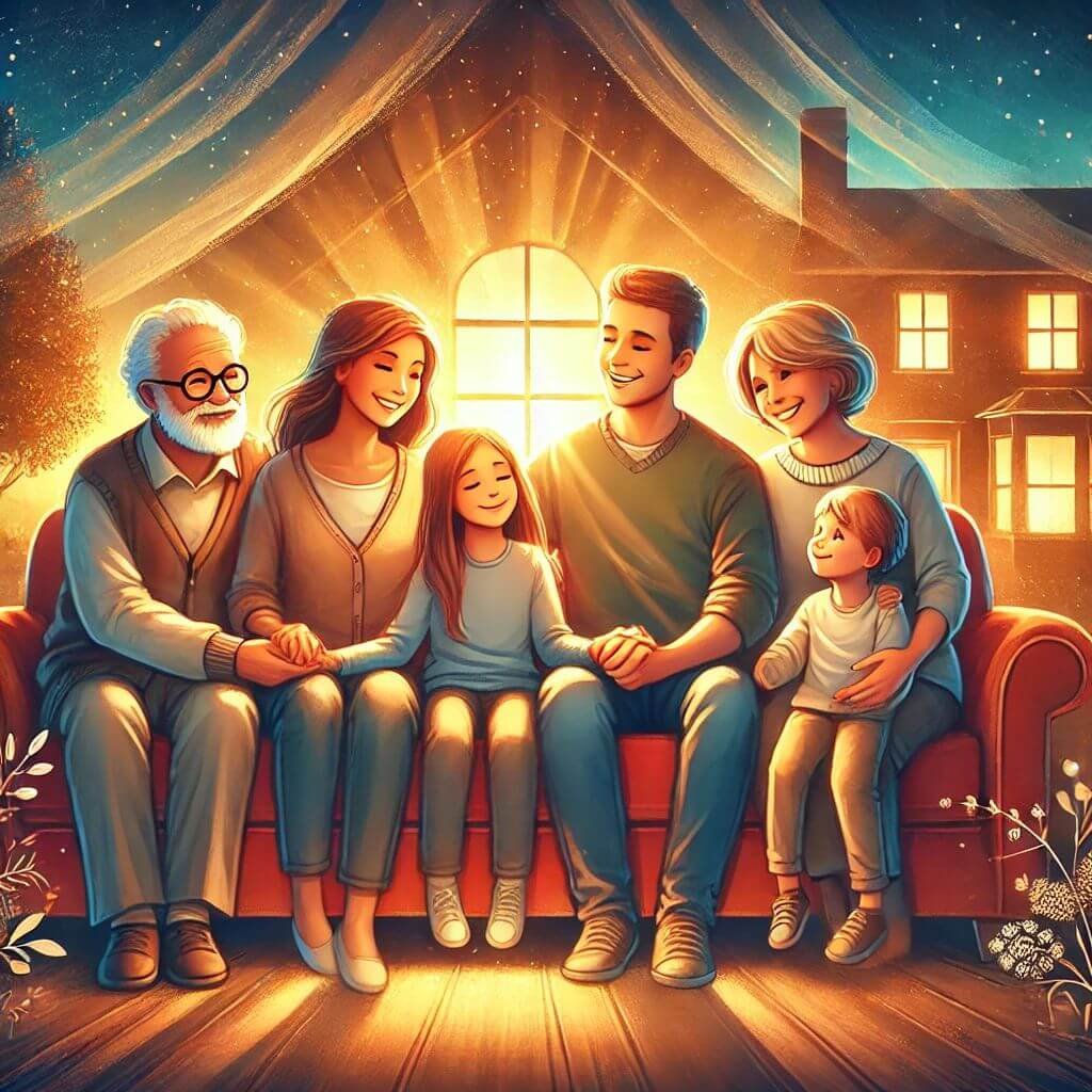 A heartwarming illustration of a loving family together. In the center, a family of different generations—grandparents, parents, and children—are sitting in a cozy living room, holding hands and smiling warmly. The atmosphere is filled with warmth, soft lighting, and a sense of togetherness. The background features a peaceful home setting, symbolizing love, support, and unity. The overall mood is one of comfort, happiness, and deep emotional connection, emphasizing the importance of family bonds.