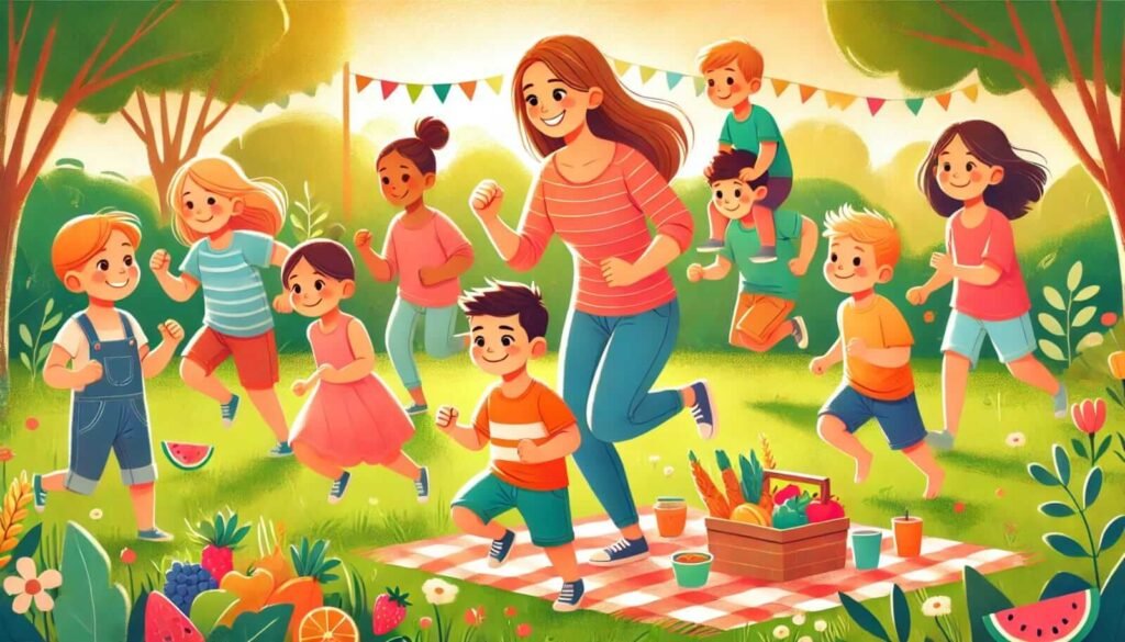 image representing children engaging in healthy, active play while being encouraged by a parent. It highlights self-love, positive body image, and nutritious eating in a fun and inclusive setting.