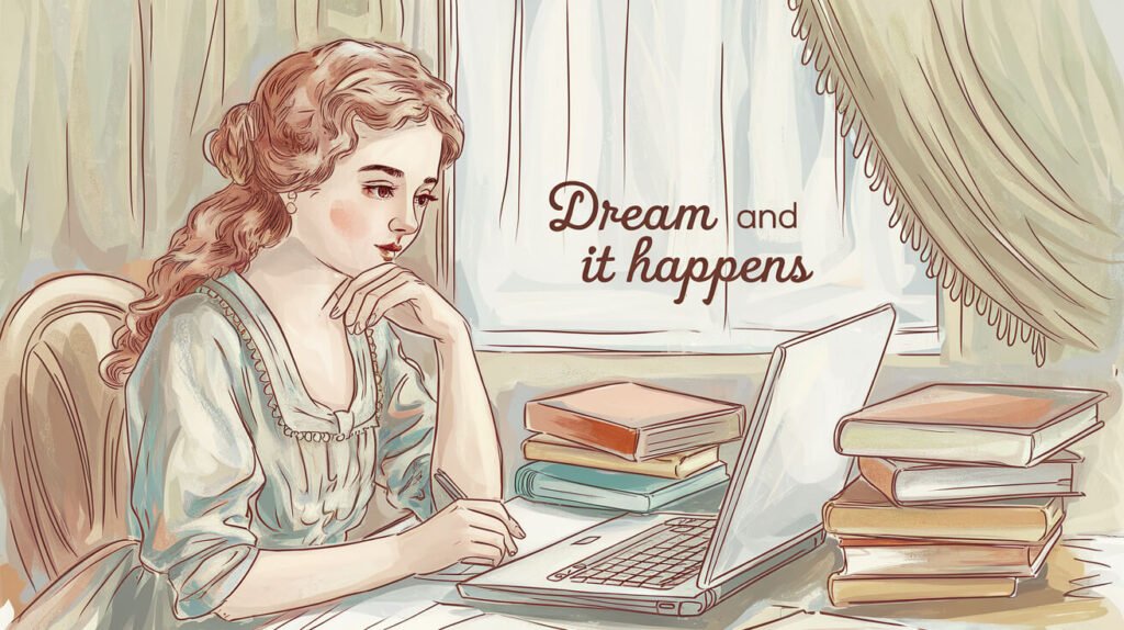 illustration featuring a young woman at a desk with a laptop and books, thoughtfully writing, with Dream and it happens as she achieved 1k views in first blogging month.