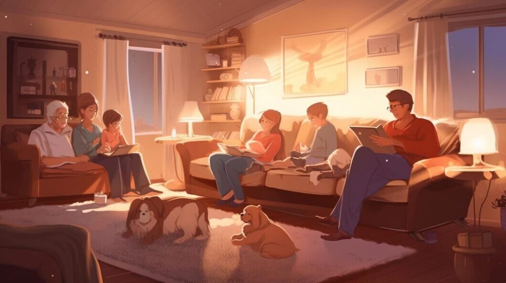 image illustration of Cozy living room with a family watching a movie or playing board games Pets comfortable pillows warm blankets and cozy lighting add to the comfortable atmosphere