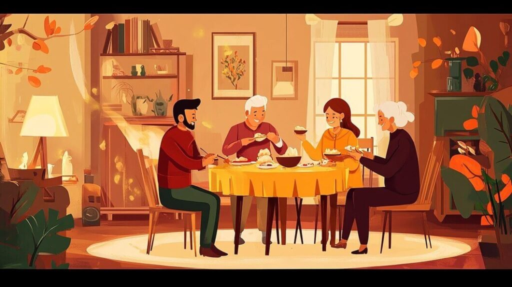 illustration of family getting together eating and making memories