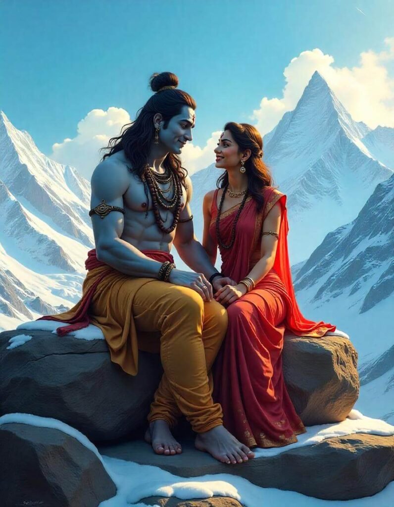 Illustration of Lord Shiva and Parvathi in their adobe of Himalayas peacefully sitting with a smile