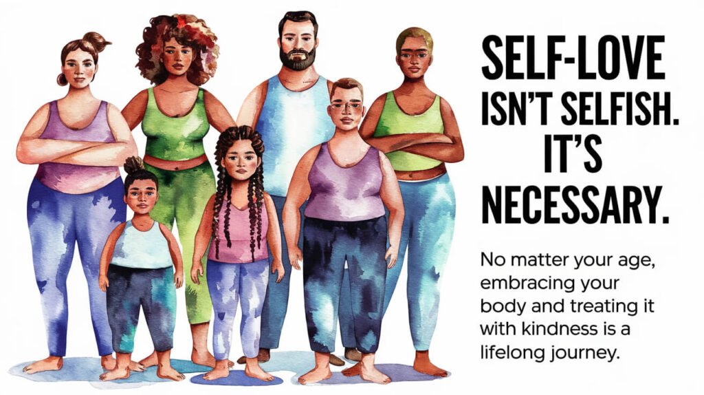 illustration showing to embrace your body, self love isn"t selfish, its necessary.