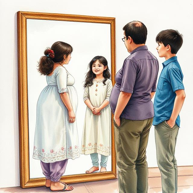 a water colour illustration of chubby girl, skinny girl, fat boy and thin boy all of them seeing in the mirror with a smile embracing positive body image. show the girl with kurta and pant dress comfortable and confident