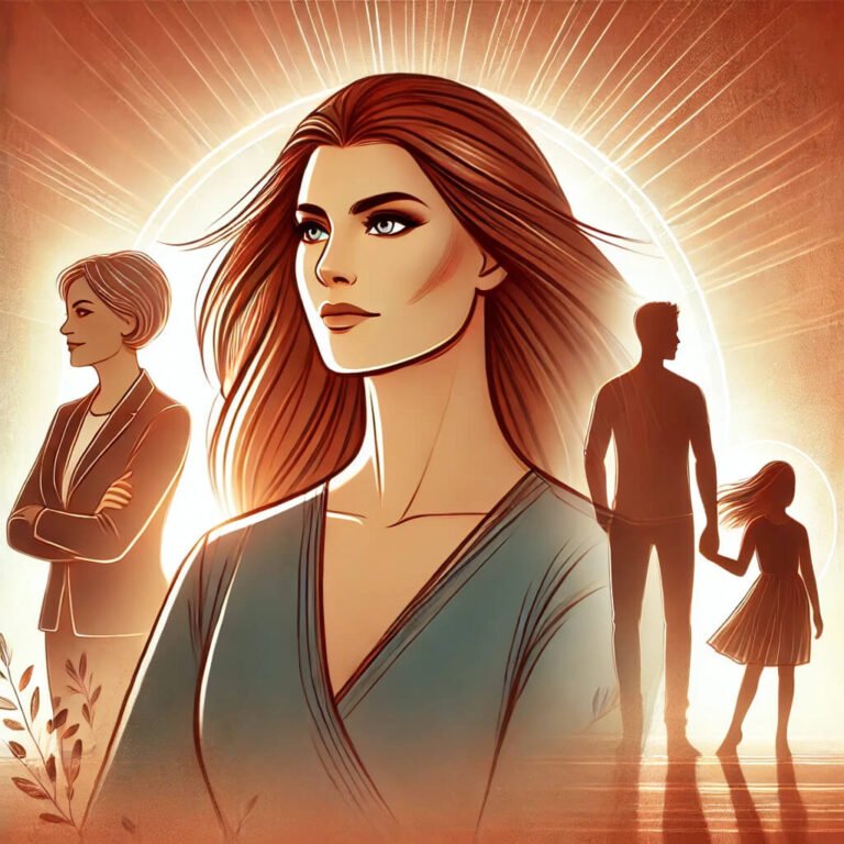 An empowering illustration to show, strong women, strong families. A confident woman standing strong with a determined expression, symbolizing self-worth and independence. Behind her, a subtle glow represents her inner strength and wisdom. In the background, faint silhouettes of family members stand in support, depicting balance between personal growth and relationships. The color palette is warm and uplifting, evoking a sense of empowerment and harmony.