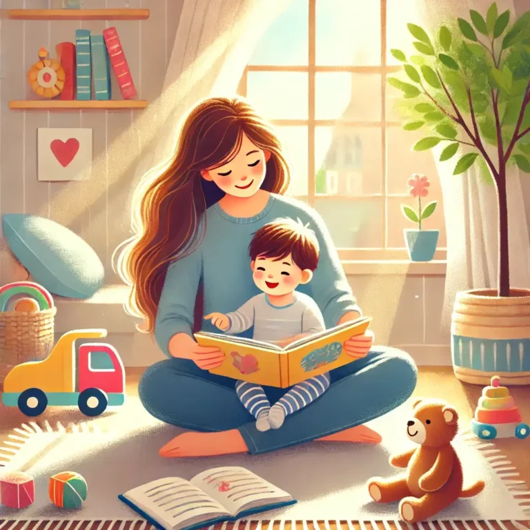 A heartwarming illustration of a parent and a young child (ages 0-5) engaging in a nurturing activity. The scene captures a cozy home environment where the parent is reading a book to the child, who is sitting on their lap, smiling. Sunlight streams through a window, creating a warm, inviting atmosphere. Toys, books, and a soft rug complete the setting, emphasizing love, learning, and security. The art style is soft and colorful, evoking warmth and emotional connection. it helps in building solid foundations in the age of 0-5