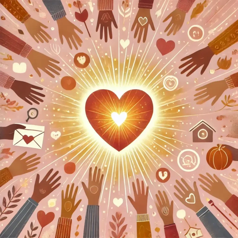 A warm and inviting digital illustration featuring a glowing heart at the center, radiating light outward to strengthen your relationship amd fill with love. Surrounding the heart are diverse hands reaching towards it, symbolizing connection, love, and kindness. Small symbols of joy—like a handwritten note, a hug, a phone call, and a shared meal—float around the heart. The color palette is soft and uplifting, with warm hues of pink, orange, and gold.