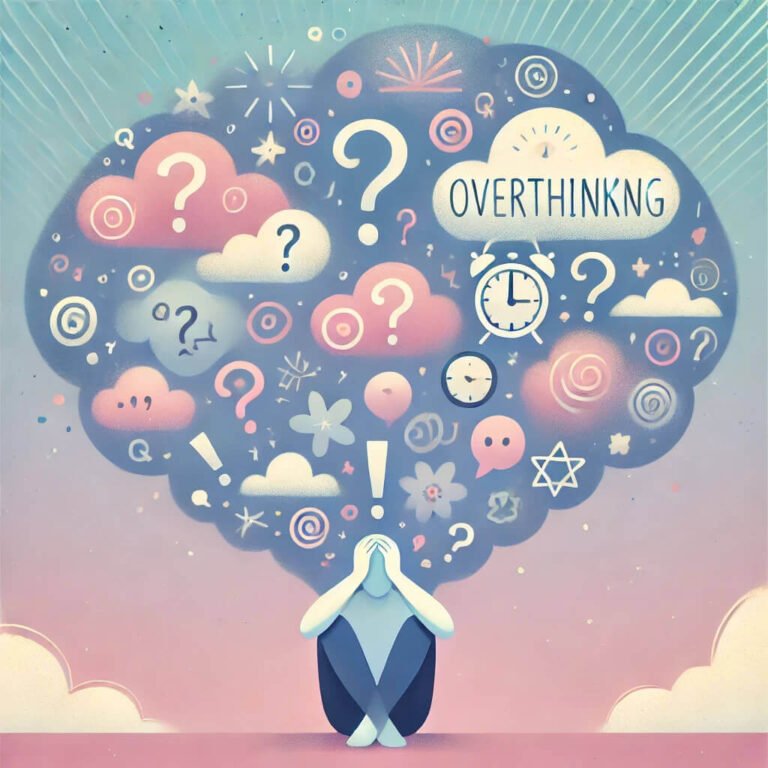 A pastel-colored illustration of a person sitting with their head in their hands, overwhelmed by swirling thoughts above them. The thoughts are represented by soft, dreamy cloud-like shapes with icons like question marks, clocks, speech bubbles, and exclamation points. The background is calming with gentle gradients of blue and pink, creating a soothing yet expressive atmosphere. The style is minimalistic, artistic, and emotional, conveying the feeling of overthinking in a gentle way.