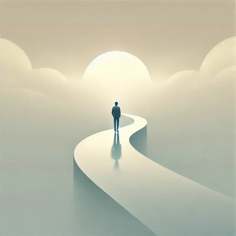 A minimalist digital illustration of a person standing at the edge of a path that fades into mist, symbolizing the unknown future. The person appears calm and composed, taking a confident step forward. Soft, neutral tones with a subtle gradient background to evoke a sense of transformation and growth. The overall aesthetic is clean and simple, focusing on the theme of embracing change.