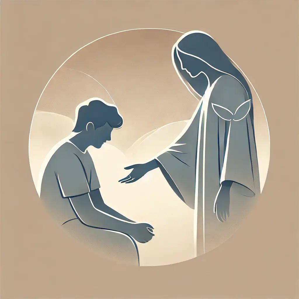 A minimalist digital illustration of two people interacting. One person is offering a gentle hand to another who looks downcast, symbolizing empathy and understanding. The background is soft and neutral, with a calming gradient to reflect warmth and compassion. The aesthetic is clean and simple, emphasizing the theme of replacing judgment with kindness.