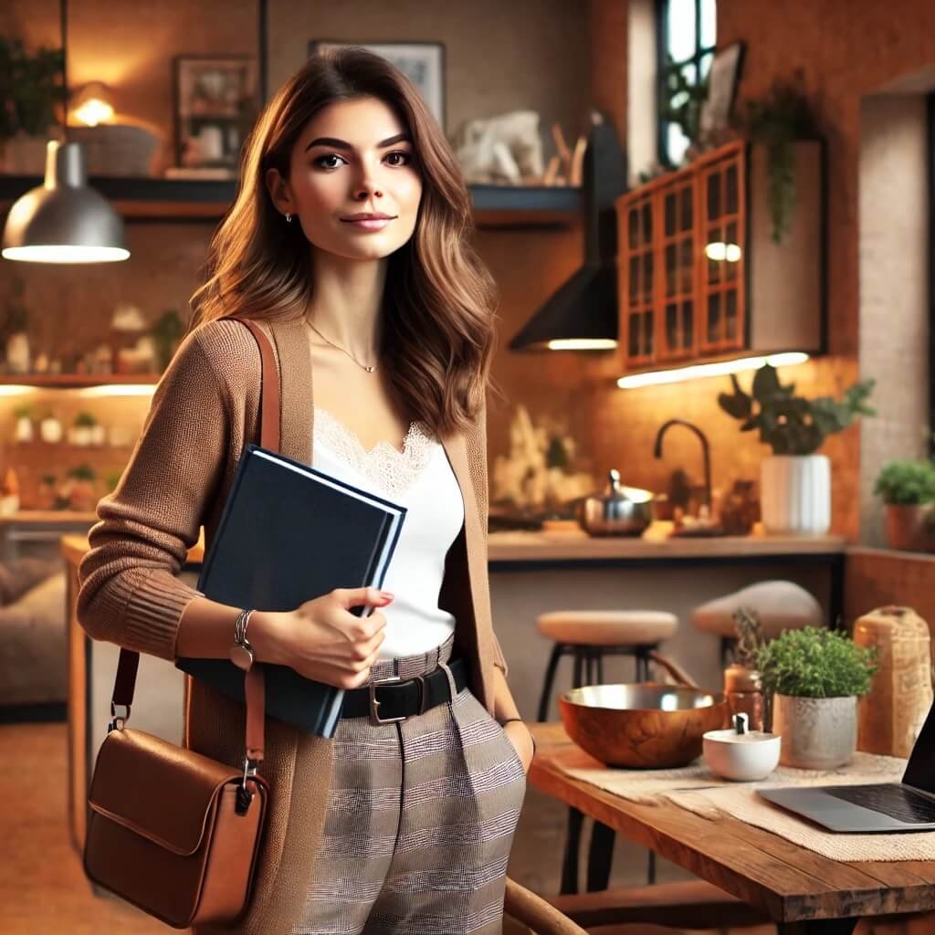 A young woman with a confident and determined expression, standing in a cozy yet modern home. She is wearing a stylish yet comfortable outfit, holding a laptop in one hand and a cookbook in the other, symbolizing her aspiration to balance homemaking and career. In the background, a home office setup with a desk and computer is visible on one side, while a warm kitchen with cooking essentials is on the other. The ambiance reflects her dream of independence and fulfillment in both family life and work.