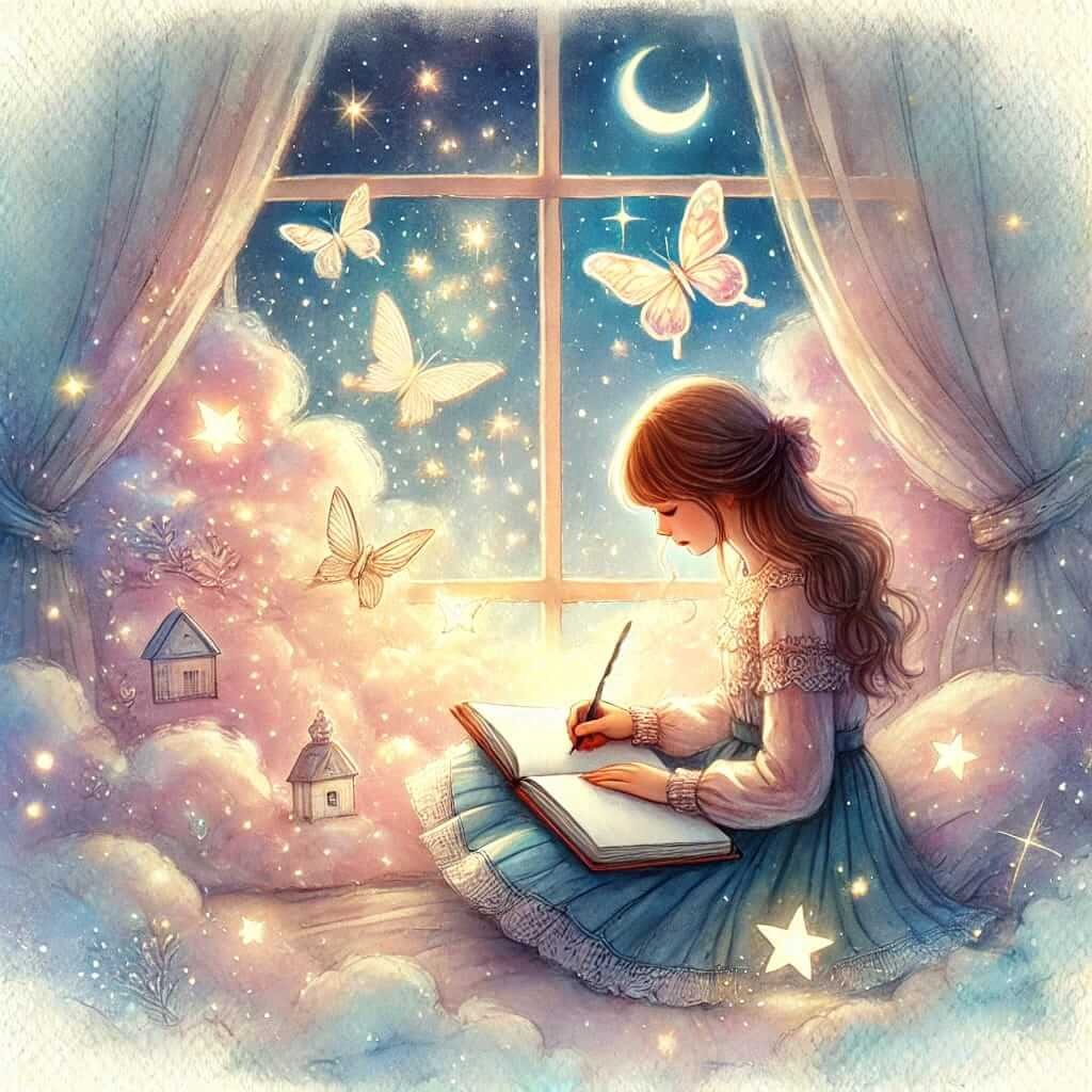 watercolor illustration of a girl writing in her notebook, surrounded by a dreamy, magical atmosphere symbolizing dreams coming true