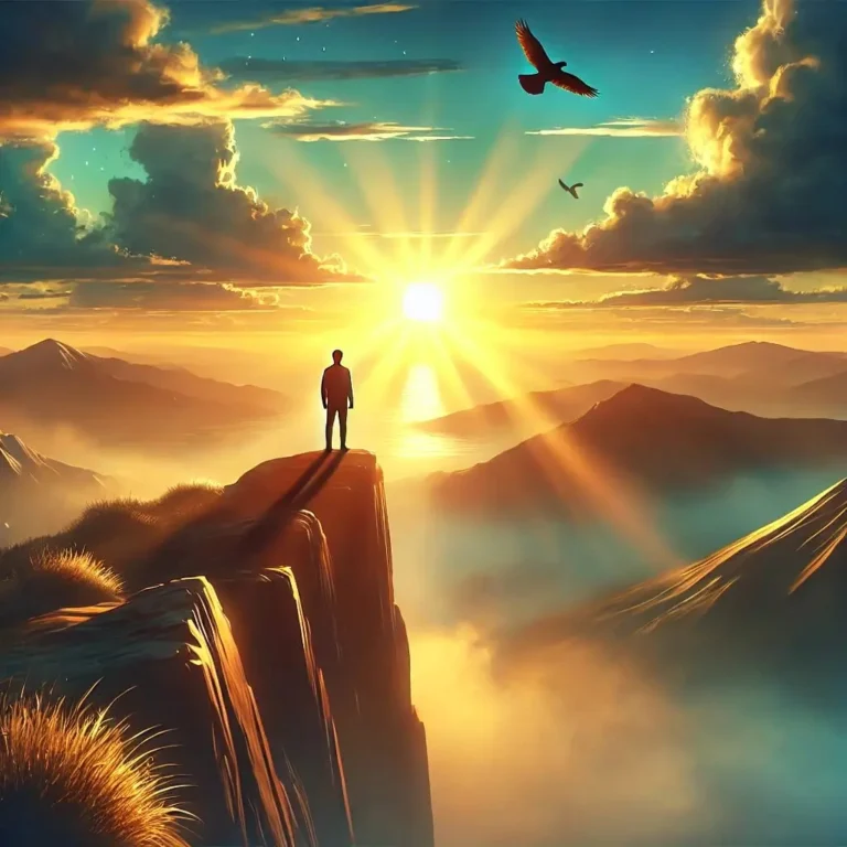 A person standing on the edge of a mountain peak at sunrise, symbolizing breaking free from self-doubt and embracing confidence. The golden light and soaring birds represent personal growth, freedom, and limitless potential."