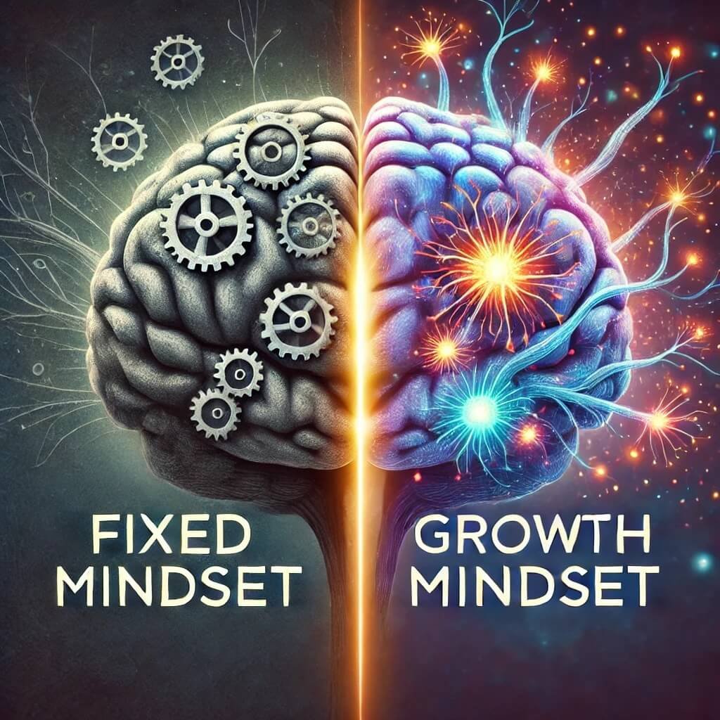 A side-by-side comparison of two brains: one labeled 'Fixed Mindset' and the other 'Growth Mindset.' The 'Fixed Mindset' brain is rigid, made of stone or gears, with closed pathways. The 'Growth Mindset' brain is vibrant, made of interconnected neurons and expanding branches, glowing with energy. The background subtly transitions from dark to light, symbolizing transformation and learning.