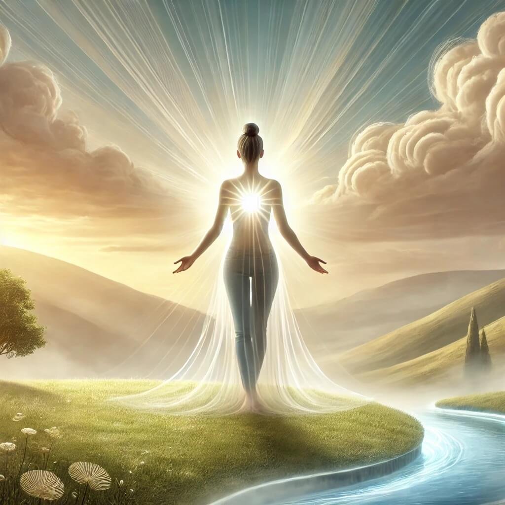 A serene young woman standing on a peaceful hilltop at sunrise, her arms open to the sky, symbolizing acceptance and mindfulness.  learning to expect with out suffering. A soft, glowing light surrounds her, representing inner peace and openness. The background features a tranquil landscape with gentle clouds and a flowing river, illustrating the idea of expecting without rigid expectations. The overall mood is calm and contemplative.  