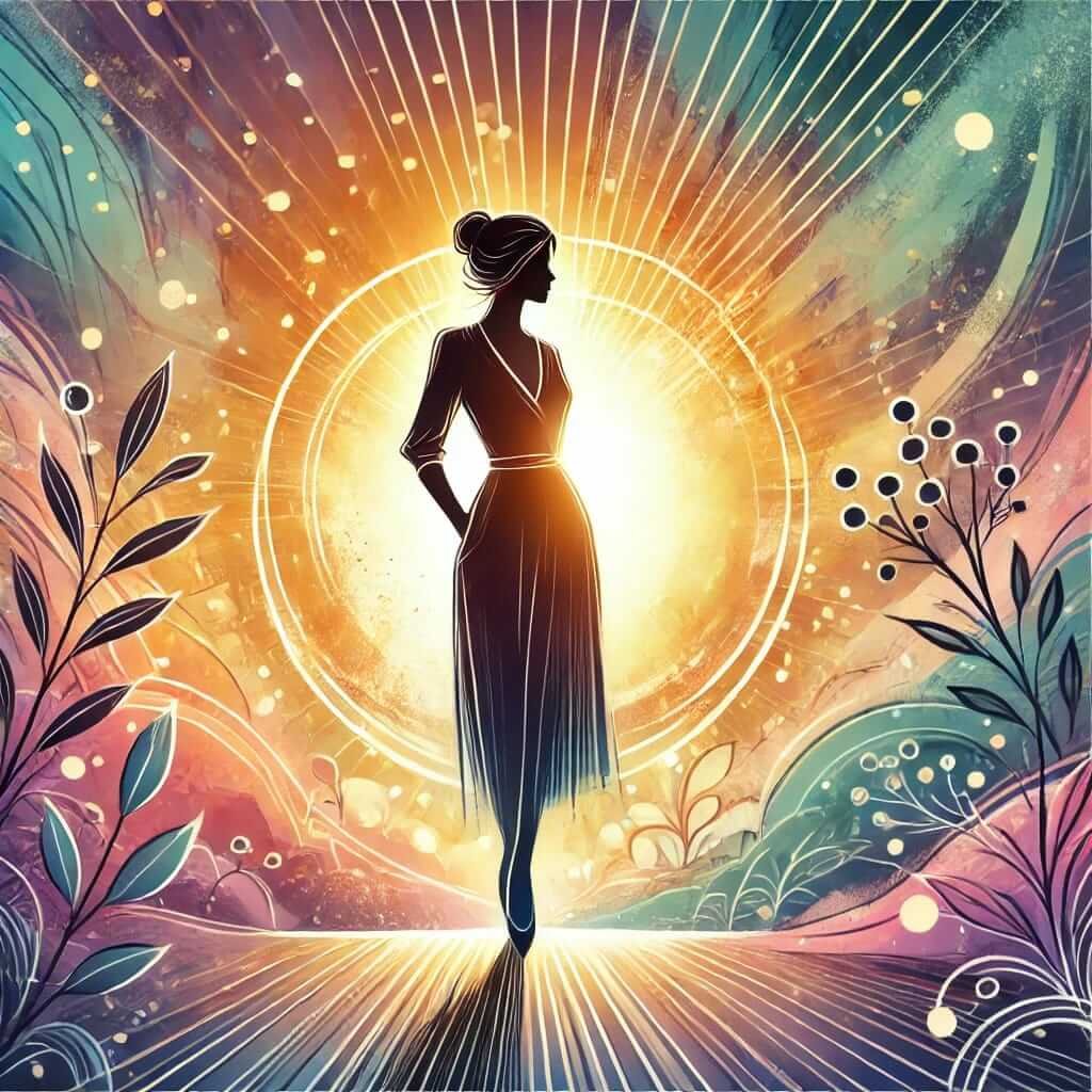 inspiring illustration of a woman standing confidently with the sunrise behind her, symbolizing strength, empowerment, and new beginnings—zWomen of Strength, Grace and Dignity, Happy Women's Day.