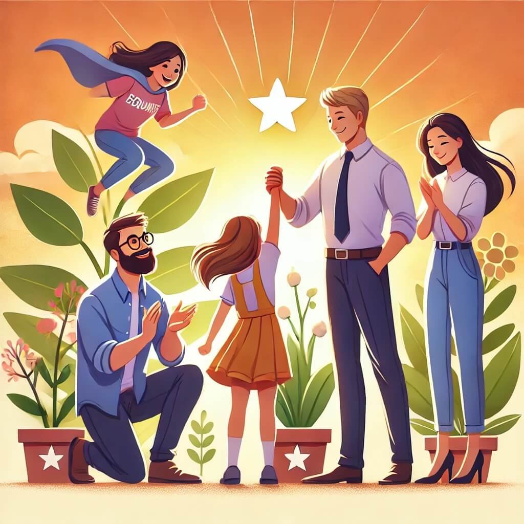 A heartwarming digital illustration showing men supporting women's growth and success. The scene includes a father teaching his daughter, a husband cheering for his wife as she achieves a milestone, a brother standing beside his sister with encouragement, and a male leader offering equal opportunities to female colleagues. The atmosphere is warm and uplifting, symbolizing unity, respect, and equality. The background is bright and positive, representing a world where men and women rise together. Happy Womens day. 