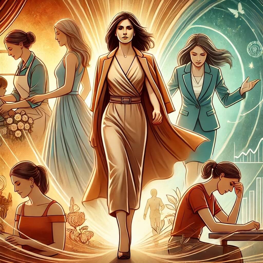 A powerful digital illustration of a woman walking with self respect, grace and dignity through different life situations. She appears strong and confident, wearing an expression of grace and self-respect. Surrounding her are scenes of various roles she embodies—managing a family as a homemaker, leading a team as a CEO, standing up for herself in a discussion, and gracefully handling failure. The background transitions smoothly between these scenes, symbolizing resilience and self-worth. The atmosphere is inspiring, with warm and empowering colors.