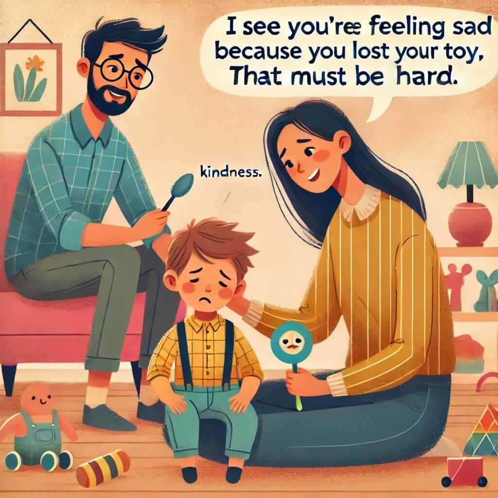 illustration depicting parents teaching their child about emotions and social skills in a warm, nurturing environment.